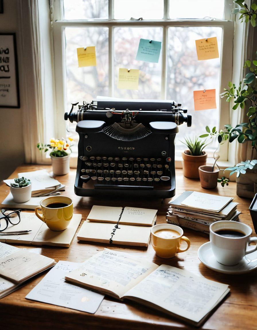 A cozy, inviting workspace with a vintage typewriter, scattered journals, and a laptop glowing with a well-designed blog interface. Surround it with colorful post-it notes and inspirational quotes on the wall, along with a steaming cup of coffee. Soft natural light filters through a window, creating a warm atmosphere. Focus on the details that capture the essence of personal blogging and creativity. painting. warm colors. soft focus.