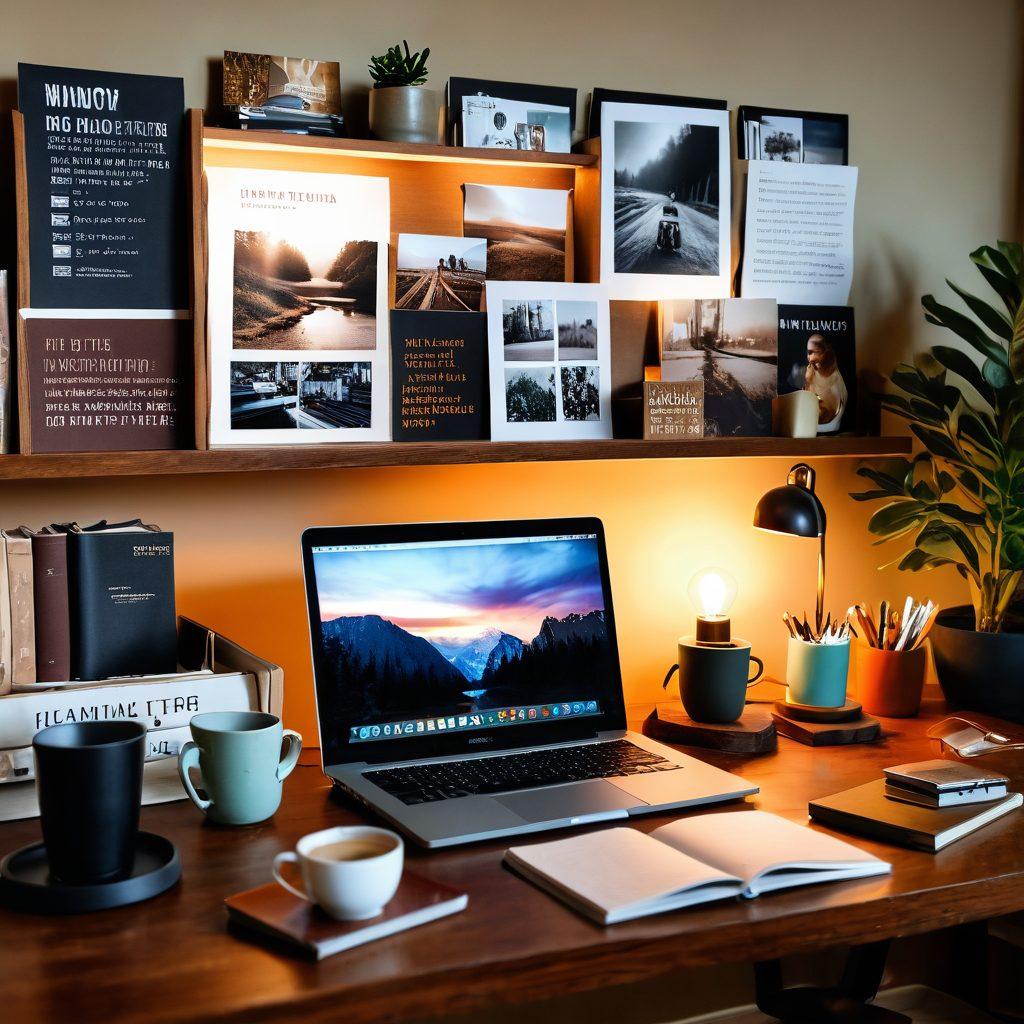 A warm, inviting workspace featuring a laptop with film stills and lifestyle photos on the screen, surrounded by notebooks filled with ideas, a steaming cup of coffee, and cozy decor. Include a soft glow from a lamp to create a relaxed atmosphere, while a shelf in the background showcases books on film and lifestyle. earthy tones and soft textures. super-realistic. vibrant colors.
