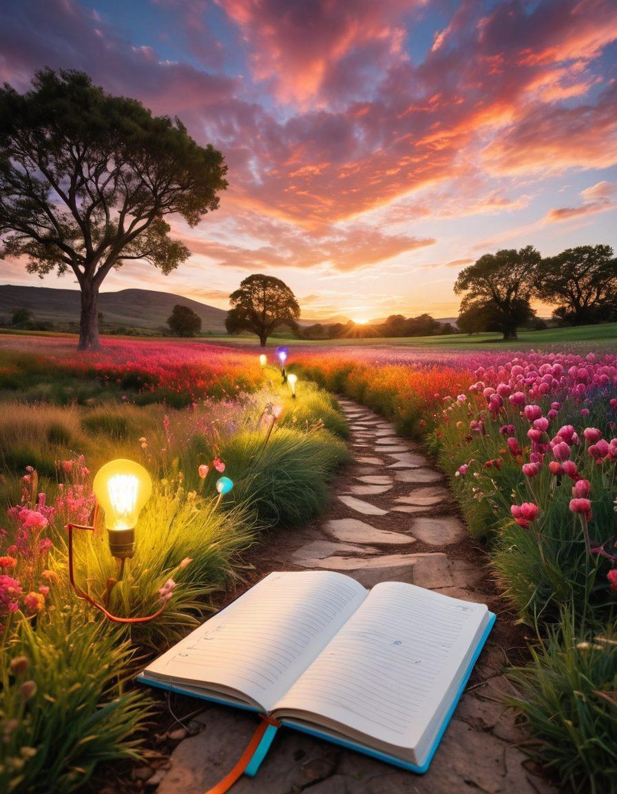 A dynamic landscape featuring a winding path through an open field of vibrant ideas represented as colorful lightbulbs, with diverse bloggers along the way sharing tips on crafting content. A large, welcoming notebook sits at the forefront, inviting viewers to jot down notes. Soft sunlight filters through fluffy clouds, creating a warm, inspirational atmosphere. Minimalist yet engaging style with a focus on creativity and collaboration. vibrant colors. 3D.